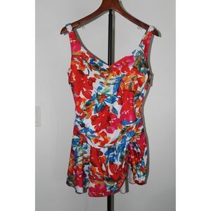 Women's XL Floral Swim Dress One Piece Ruched Multicolored V-Neck Swimsuit